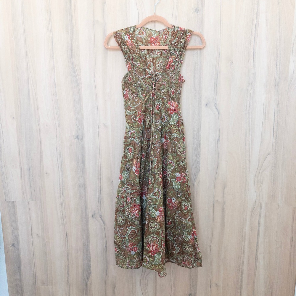 Vintage Derek Heart Paisley Babydoll Midi Dress M Brown Smocked Lace Up Y2K Boho